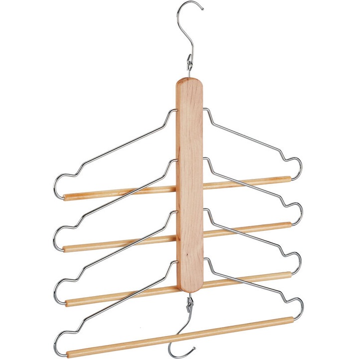 Set de 4 umerase din lemn cu clipsuri anti-alunecare, carlig rotativ 360°, culoare naturala