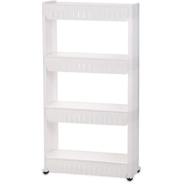 Tárolópolc, 4 polcos, mobil kocsi kerekekkel, 21,5x5,1x40,5 hüvelykes, műanyag, fehér