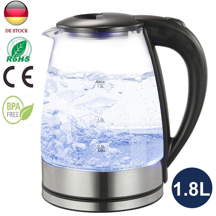 Fierbator fara fir Enforose, 1.8L, sticla borosilicata fara BPA, otel inoxidabil, design ambidextru