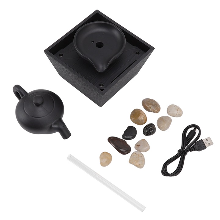 Декоративен фонтан с висящ чайник, TNEAYWHE, захранван от USB и батерии, със светодиоди и камъни, многоцветен