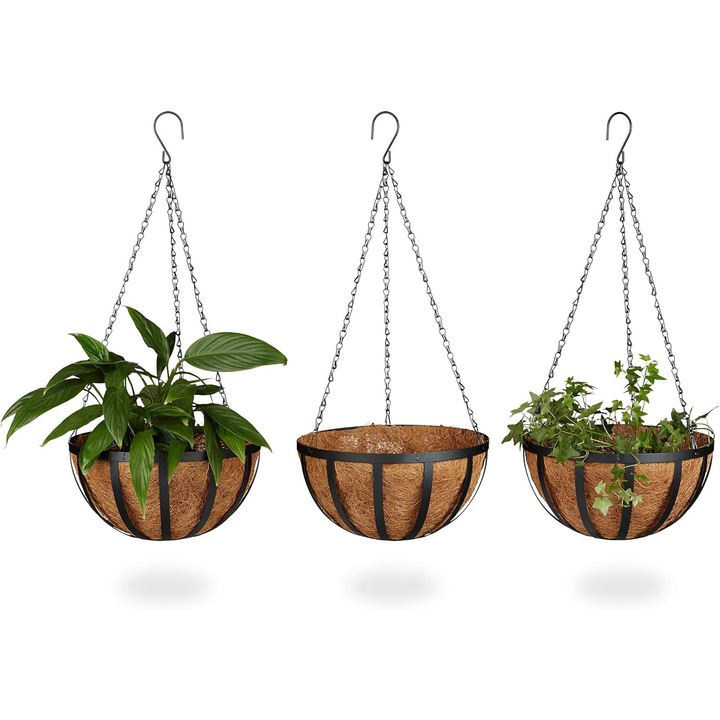 Set 3 cosuri suspendate pentru plante, Enforose, metal, 65cm, negru/maro