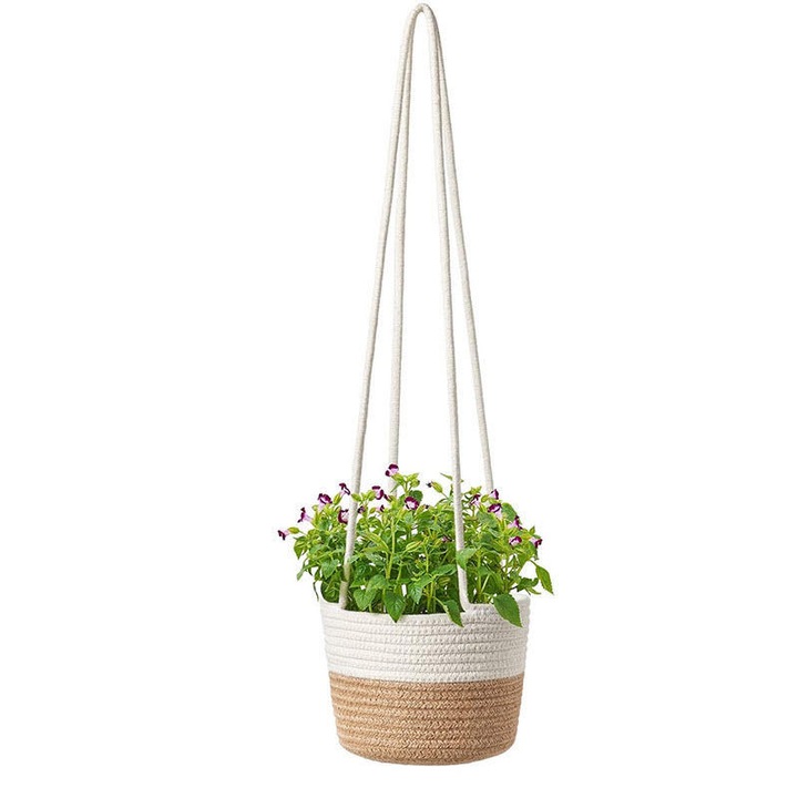 Suport de plante din macrame, Enforose, design elegant, utilizare interioara si exterioara, din bumbac si in, usor de instalat