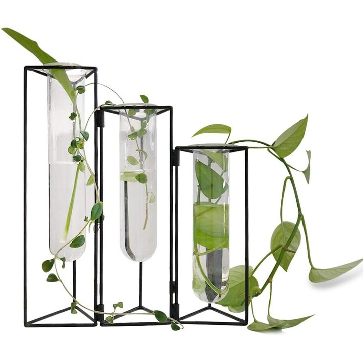 Set de vaze test tuburi, Enforose, sticla borosilicata si fier, design minimalist, culoare neagra, 3 piese