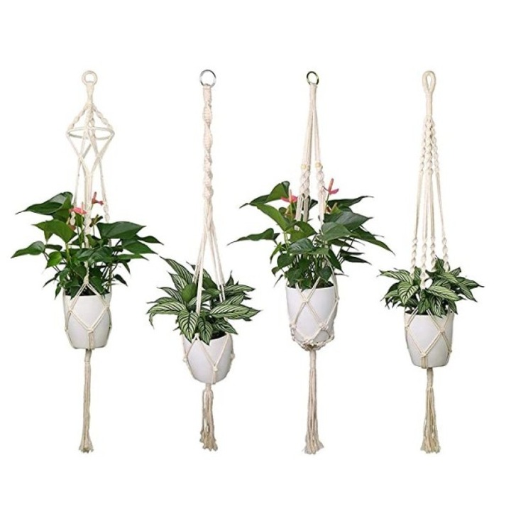Suport pentru plante Macrame Decor Boho, cos de jardinier agatat pentru interior, funie de bumbac cu design cu patru picioare pentru economisirea spatiului, ecologic si rezistent la pisici, 4 dimensiuni diferite, include breloc pentru agatat usor