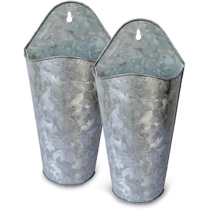Set 2 vase decorative de perete din metal galvanizat, stil rustic, rezistente la coroziune, pentru plante artificiale, cu accesorii incluse