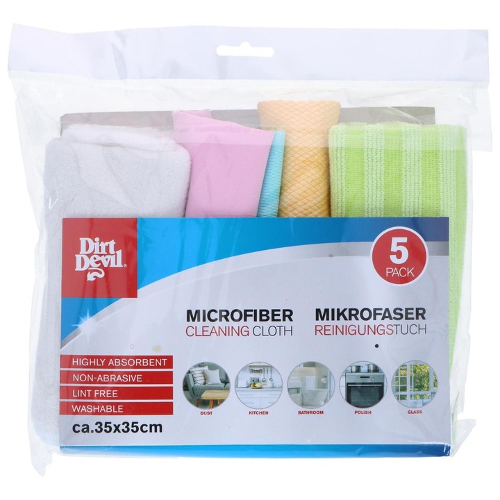 Set de 5 lavete din microfibra, Dirt Devil, 35x35cm, Multicolor