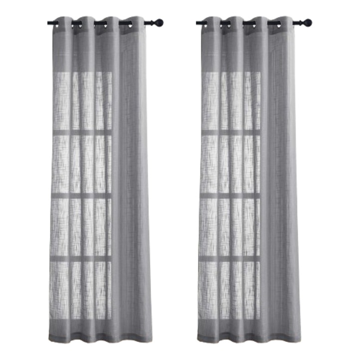 Set de 2 perdele semi-transparente Pony Dance, cu textura de in, 140 x 220 cm, gri