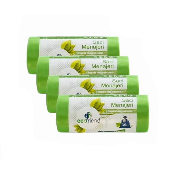 4 tekercs tisztítótasak készlet, Ecofriend, 35L, 15 db, ultra ellenálló, zöld