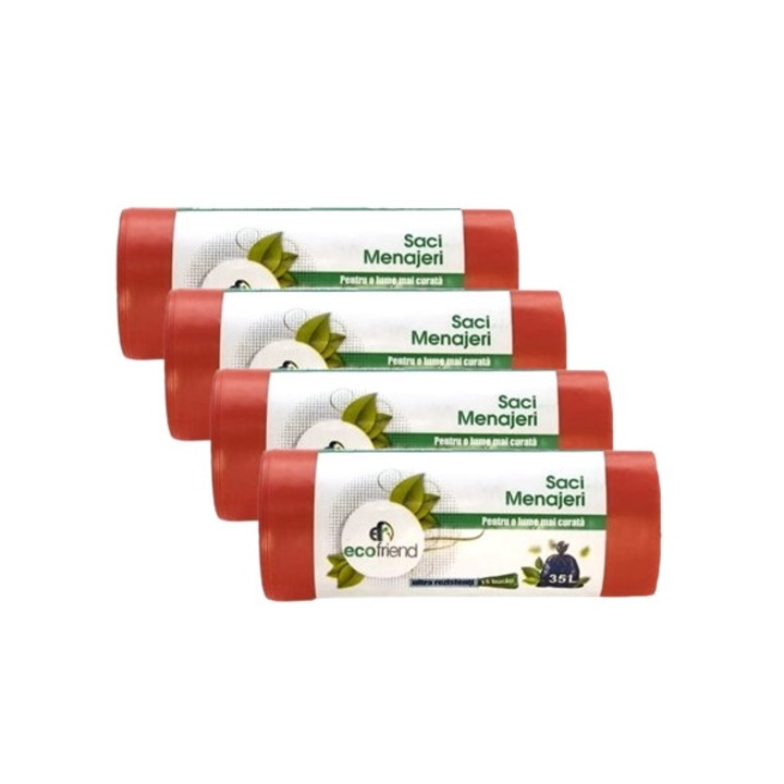 4 tekercs tisztítótasak készlet, Ecofriend, 35L, 15 db, ultra ellenálló, piros