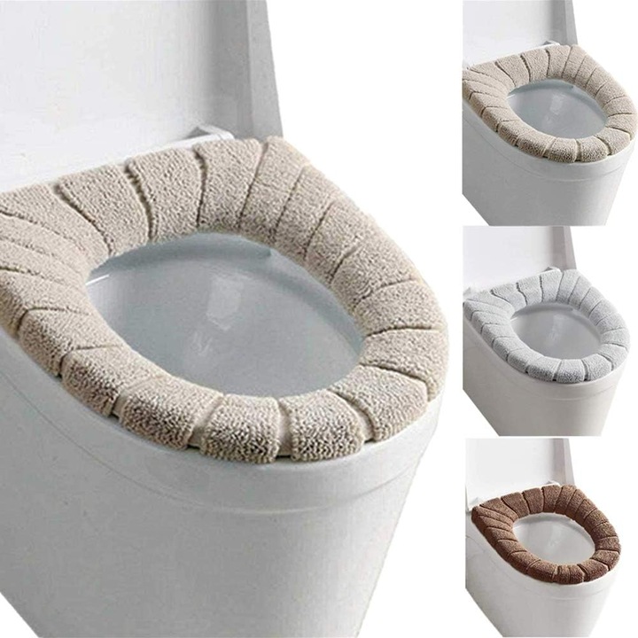 Husa pentru capac toaleta, set 3 piese, plus, lavabil, elastic, 30 cm, alb