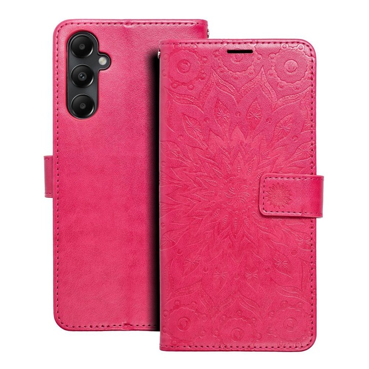 Samsung Galaxy A05s kompatibilis könyvtok, flip tok, telefon tok, oldalra nyíló tok, mágnesesen záródó, mandala mintás, magenta, Forcell Mezzo