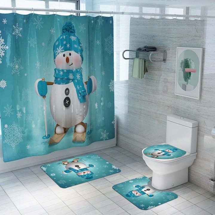 Set perdea de dus si covorase de baie Om de zapada, din poliester impermeabil, covorase din flanel antiderapant, imprimare HD, Turcoaz, 4 piese