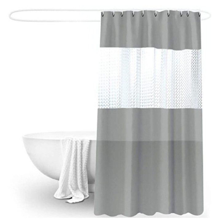 Draperie de dus, AMRINUGL, 180x200cm, rezistent la mucegai, impermeabil, gri, set cu inele