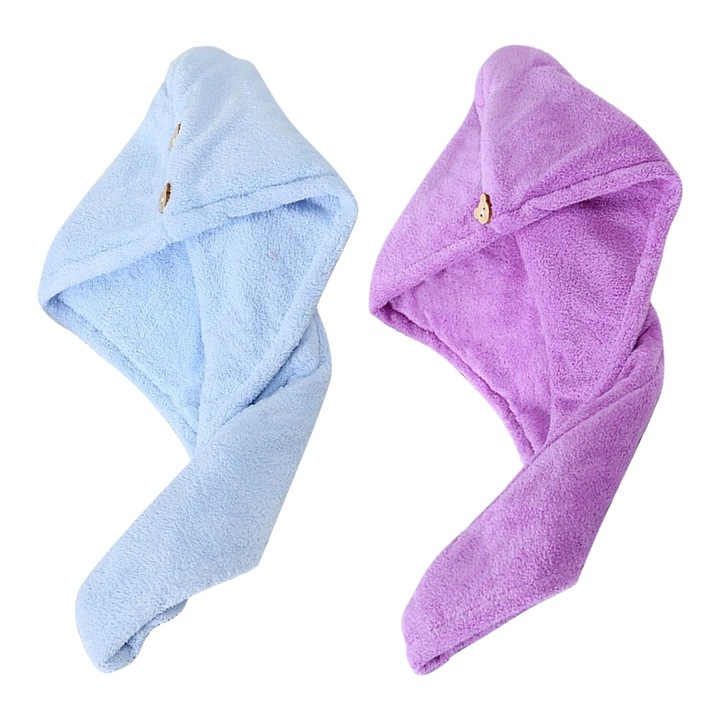 Set 2 prosoape de par, Cozevdnt, Microfibra, Superabsorbant, 65x25cm, Albastru/Violet