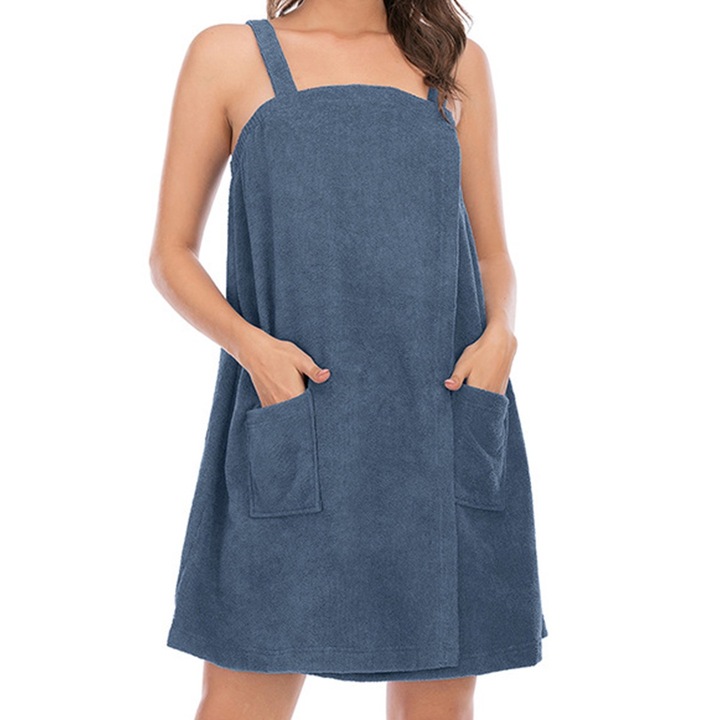 Halat de baie cu umerii goi, tip prosop, cu buzunare si bandana pentru cap, albastru, L
