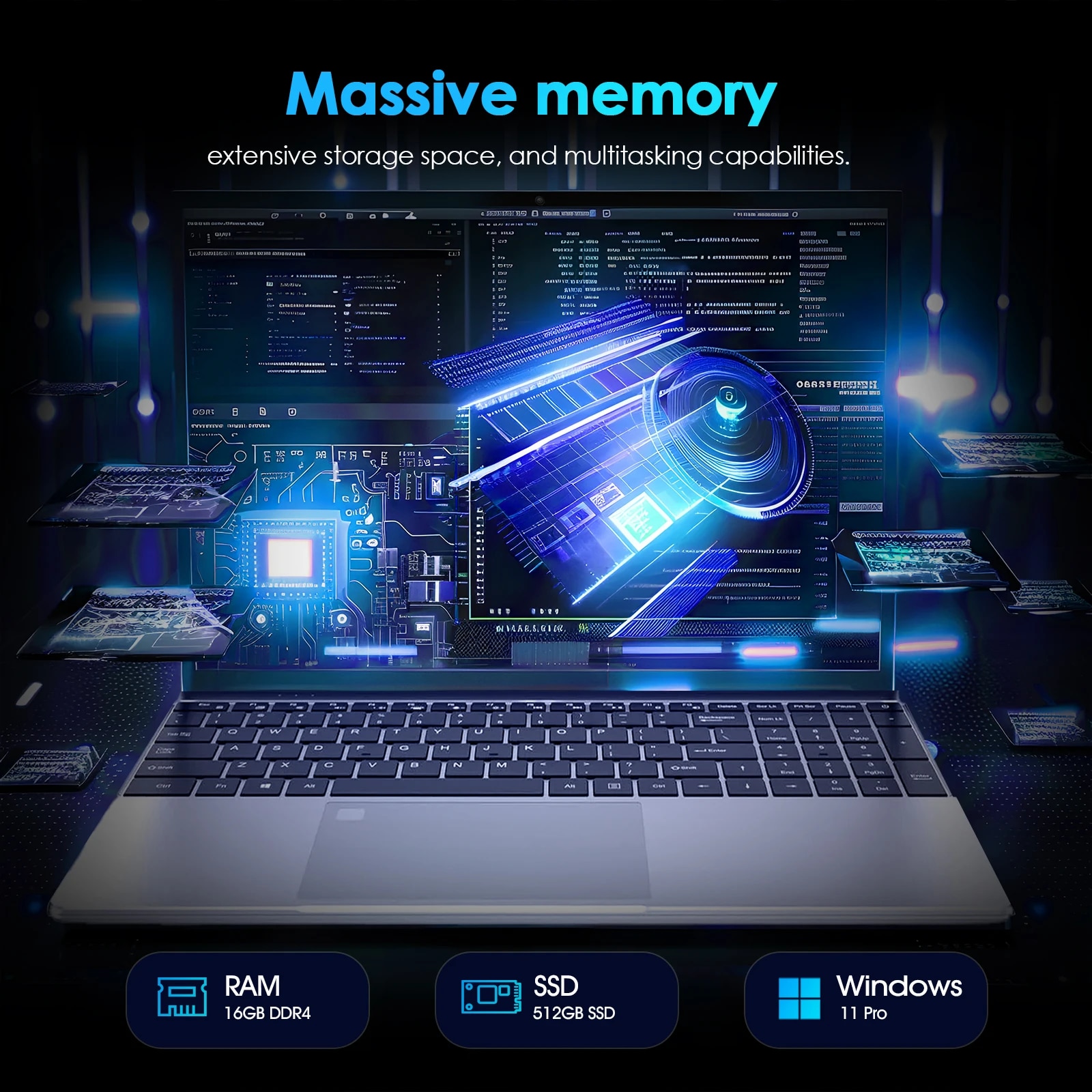 Laptop de 15.6 inchi 16GB 512 GB Celeron N5095 4 nuclee, 1920X1080P, Win 11 Pro, cu ventilator de racire, WiFi dual, Argent metalic