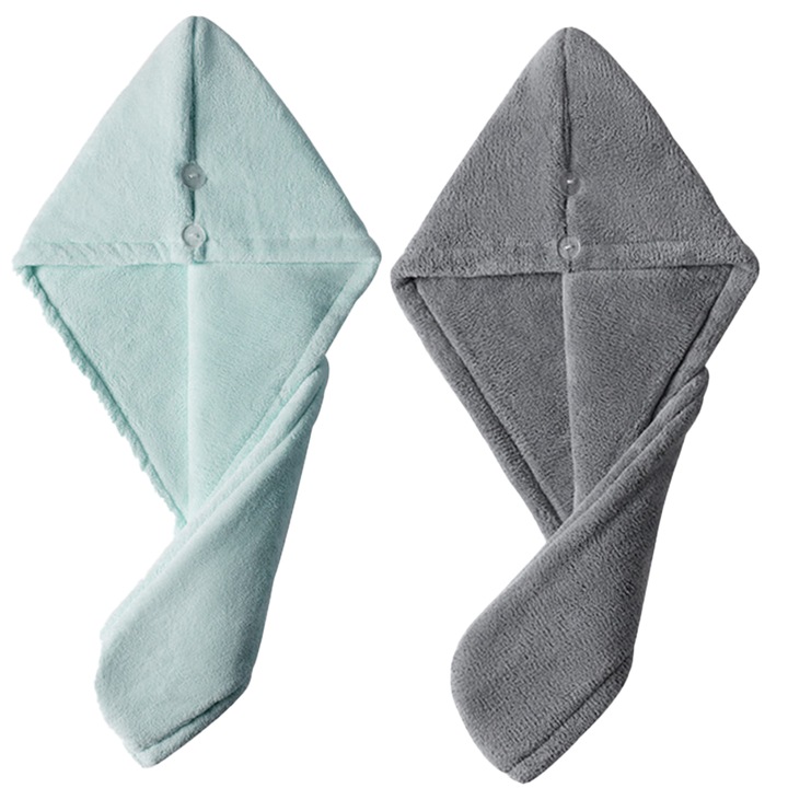 Set 2 Prosoape Turban, Microfibra, Albastru/Gri, 25x65cm