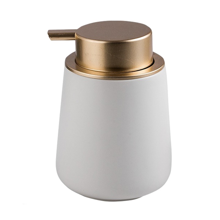 Kerámia folyékony szappanadagoló, hengeres, fehér/arany, 12,5x8,5x8,5 cm