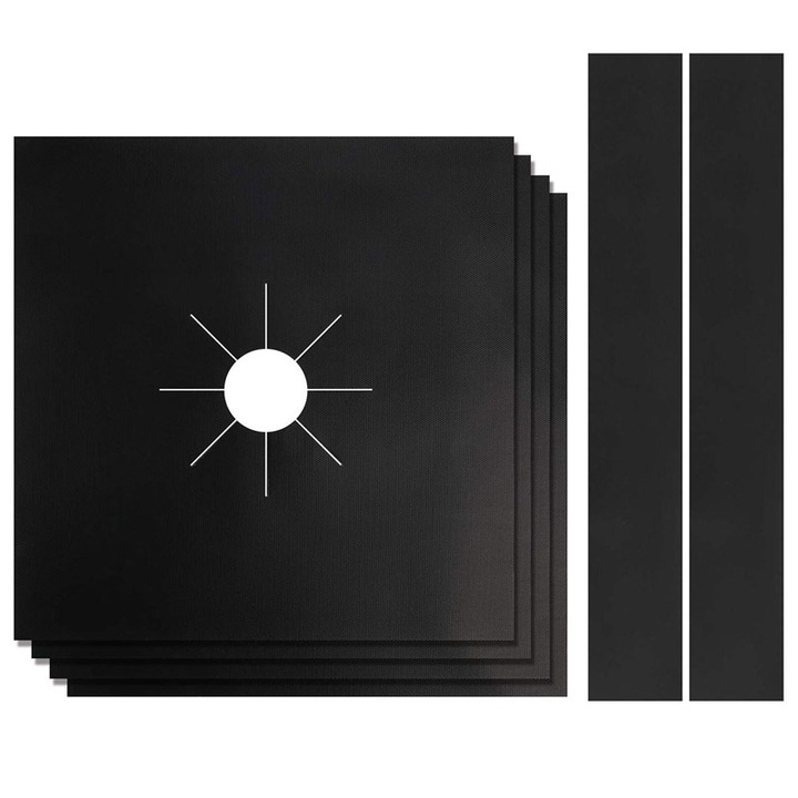 Set 8 folii protectie aragaz/plita cu 2 bucati Gap Cover, Esther Beauty®, Fibra de sticla/Teflon, reutilizabile, usor de curatat, ajustabile, 27x27cm, negru