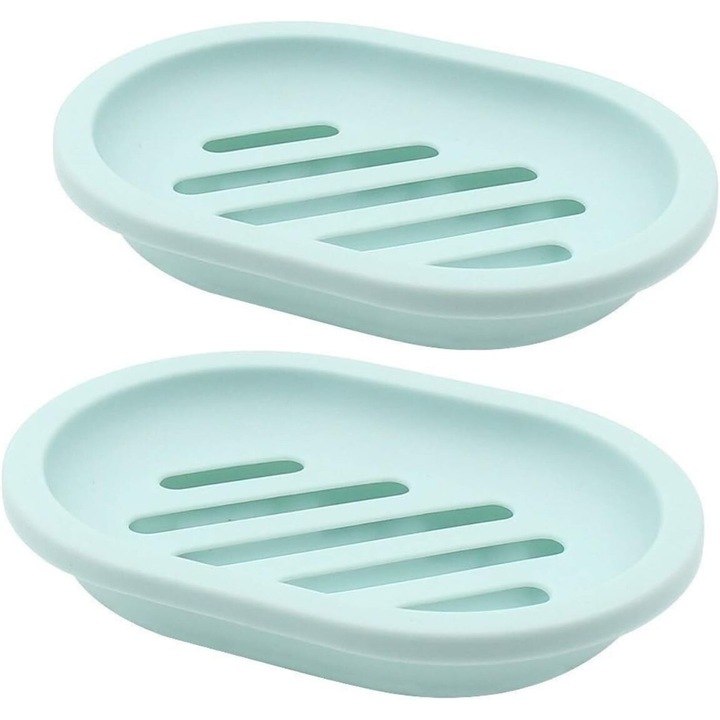 Set 2 suporturi pentru sapun cu scurgere, uscare rapida, plastic durabil, verde, 13x9.4x2.8cm
