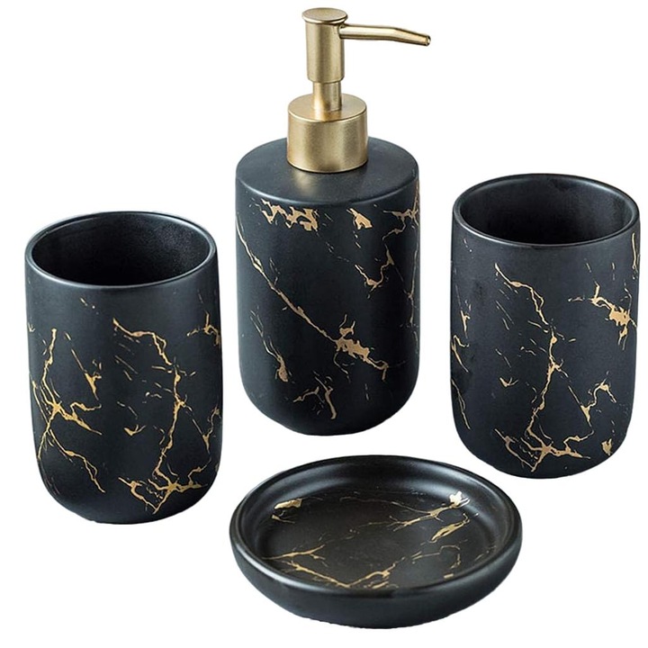 Set 4 Accesorii Baie, Cozevdnt, Ceramica, Dispenser Sapun, Suport Periute, Sapuniera, Negru/Auriu