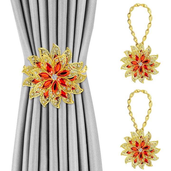 Set 2 Agatatori magnetice pentru perdele, design stea cu strasuri, rosu, 28x40cm