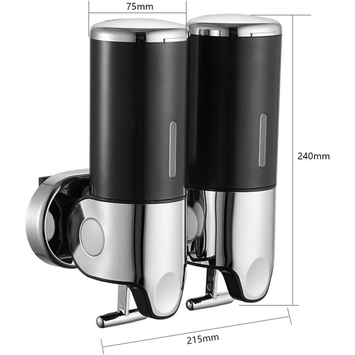 Falra szerelhető szappanadagoló, BGHYHYHI, űrtartalom 500ml x 2, ABS, fürdőszobába és konyhába, fekete