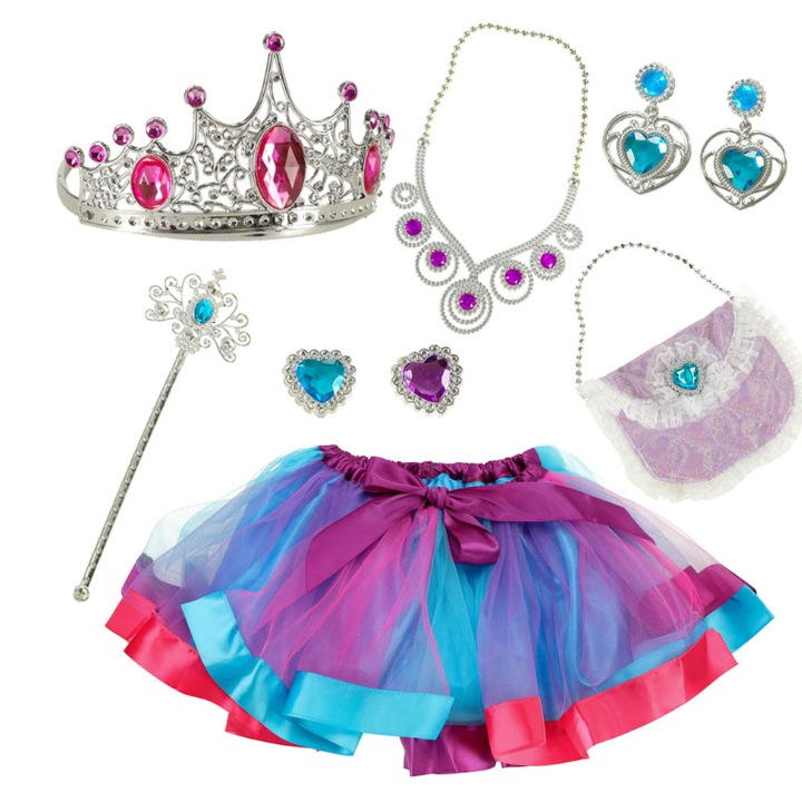 Set Costum de Petrecere pentru Fetite ModelTinuta de Regina din 9 Piese, fustita, coronita, bijuterii, gentuta, Multicolor