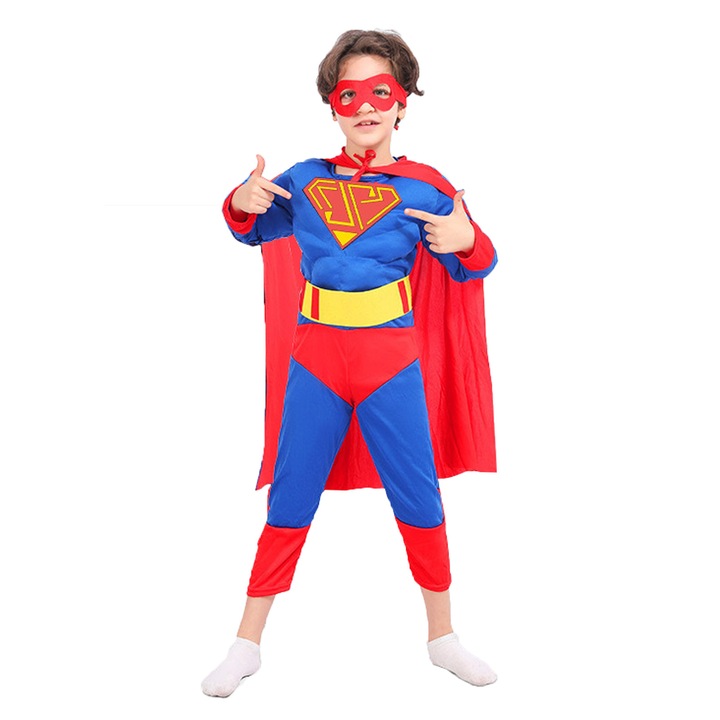 Costum carnaval Superman cu muschi pentru copii, Hggzeg, 3 piese, Tesatura fina, Pentru Deghizare Cosplay si Costumatie Petrecere Halloween Copii, Bumbac/Poliester, Marime L, 130-140 cm, 9 - 12 ani, Albastru/Rosu