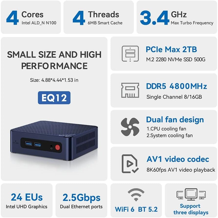 Mini PC Beelink EQ12 N100 Intel 12th Gen up 3.4 GHz, 16Gb DDR5