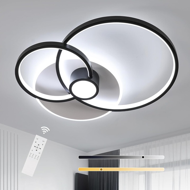 LED таванна лампа, Mckalen, кръгла димируема 49w 5510lm, тяло с дистанционно управление, за всекидневна, спалня, кухня, черна, 55 см