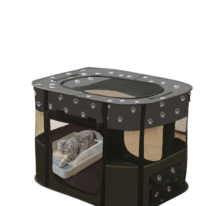 Összecsukható kisállat járóka, hordozható, 8 paneles, Oxford, fekete, 110x85x60cm