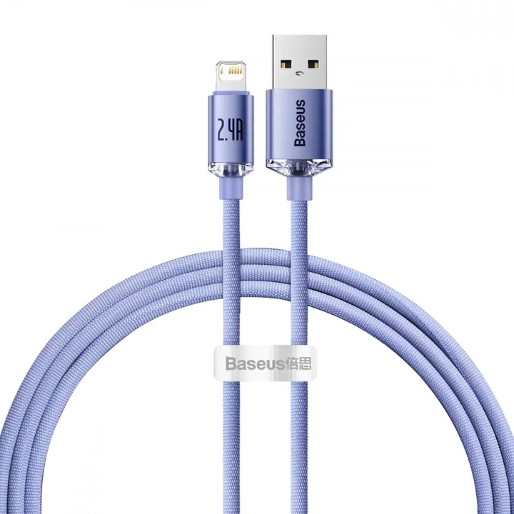 Cablu de date BASEUS USB - Lightning, 2m, 2.4A, Crystal Shine, violet