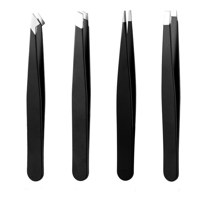 Set pensete JUDASTAR, 4 tipuri, inox, cu etui, pentru sprancene si par facial