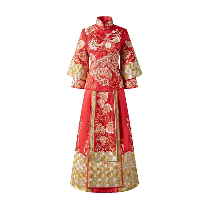 Rochie de mireasa, cu broderie traditionala, rosu, M