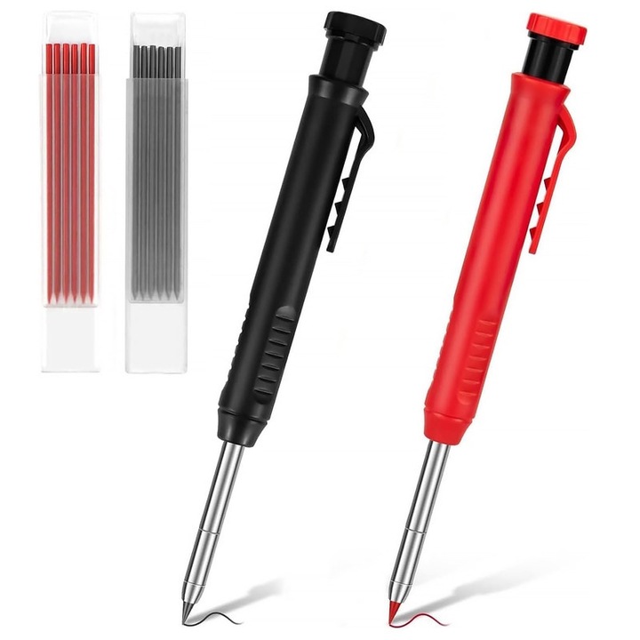 Set 2 Creioane mecanice pentru tamplarie cu ascutitoare integrata, varf lung 45mm, 12 mine incluse, rosu/negru, clip portabil