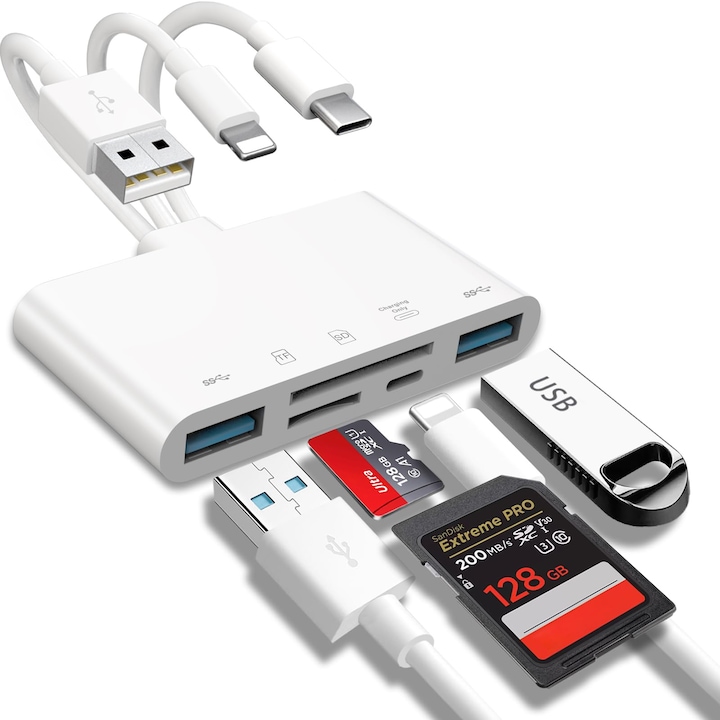5 в 1 четец за карти с памет, USB OTG адаптер и четец за SD карти за iPhone/iPad, USB C и USB A устройства със слотове за Micro SD и SD карти, поддръжка на SD/Micro SD/SDHC/SDXC/MMC