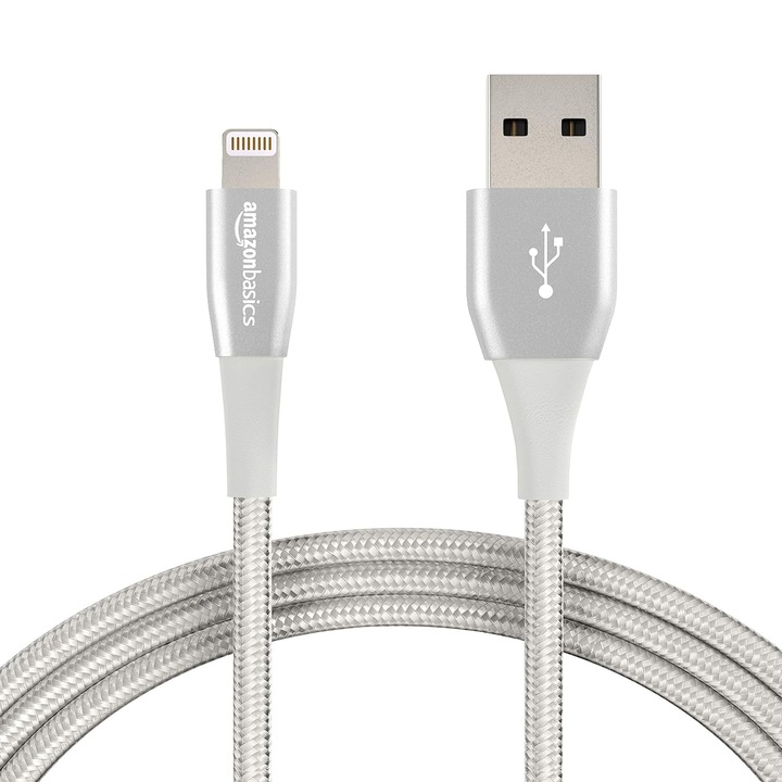 Кабел за данни, Amazon Basics Premium, съвместим с iPhone/iOS, MFi сертифициран за Apple, Lightning към USB-A, бързо зареждане 3.1A, прехвърляне на данни, 3 м, сребрист