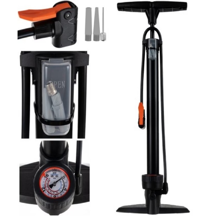 Pompa de Podea cu Manometru eBA ce include 3 Capete Compatibile cu Diverse Supape, Metal-Plastic, 16 BAR/230 PSI, Ideala Pentru Bicicleta, Masina sau Saltele