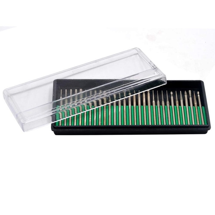 Set 30 capete diamantate pentru frezare, granulatie 600, tija 3mm, multiforme, pentru modele si bijuterii