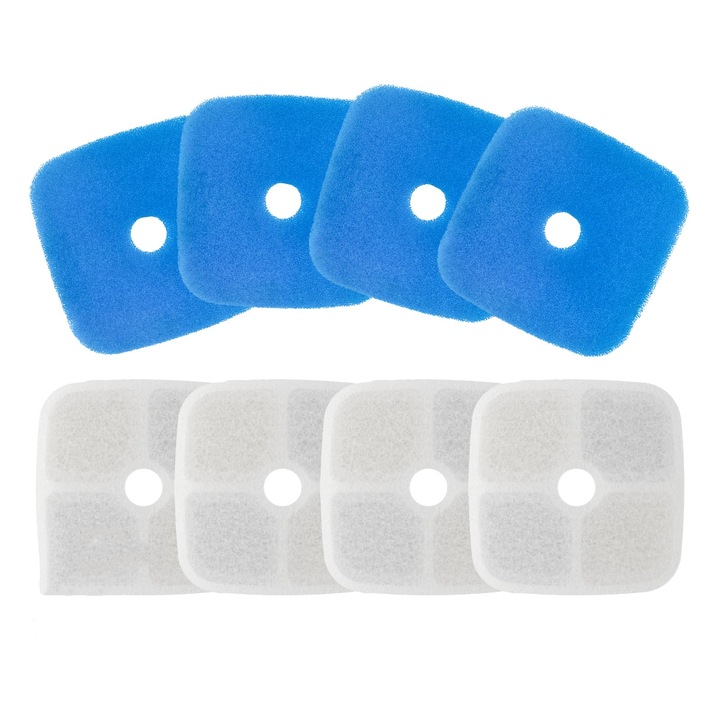 Set 4 filtre de rezerva pentru dispenser de apa, NAUGHTYTRIBE®, WF380, Fantana pentru pisici/caini, purificare, Carbon activ, elimina eficient impuritatile si firele de par, 4 filtre de bumbac si 4 bureti prefiltranti, Alb