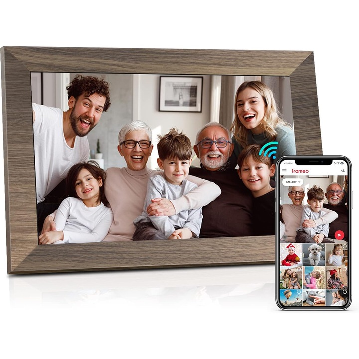 VINTOP® цифрова фоторамка, 10,1 инча, приложение Frameo, 32GB вътрешна памет, 800X1020 HD IPS сензорен екран, USB слот, SD карта, 2x2W високоговорител, снимки/видео, дърво