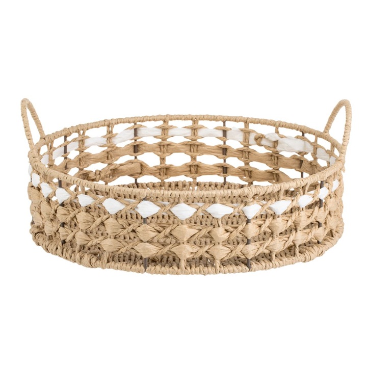 Tava Rotunda din Paie de Culoare Naturala Alba Dunga & Manere Ø30x8cm