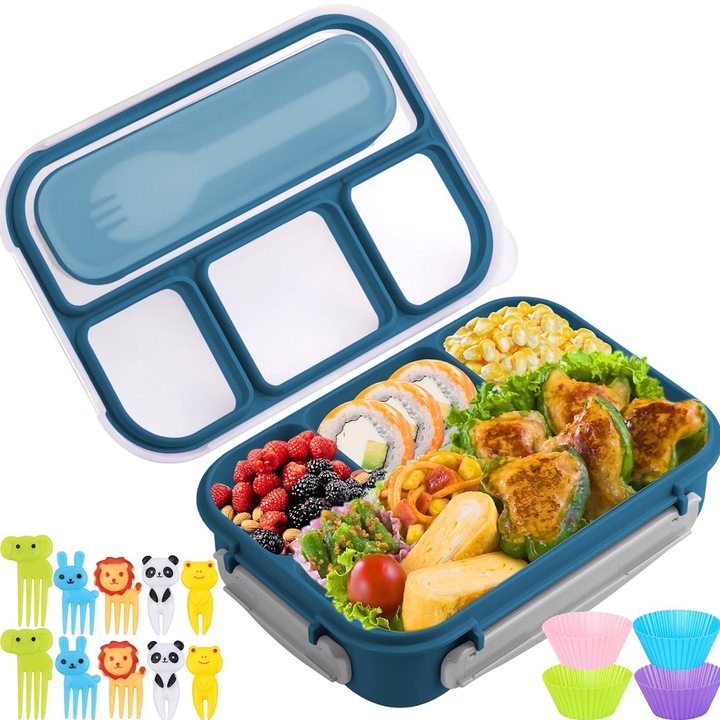 Cutie de pranz, Axroad Mall, Caserola compartimentata, 1300ml, Rezistenta la scurgeri, Cu 4 compartimente si cupe de tort, furculita pentru fructe, In conditii de siguranta pentru cuptorul cu microunde, 22.6x16.1x6.5cm, Polipropilena, Albastru