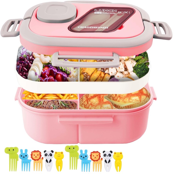 Cutie pranz, Axroad Mall, Rezistenta la scurgeri, Cu furculita pentru fructe, Cu cutie mica de scufundare, potrivita pentru microunde si congelator, pentru copii si adulti, Polipropilena, 21×14.5×8.6cm, Roz