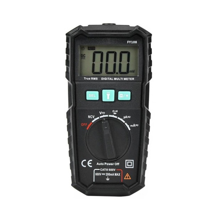 Multimetru digital FY108 Mastfuyi, LCD, lanterna, functie automata si auto-ranging, detectare fara contact a tensiunii AC (NCV), protectie suprasarcina