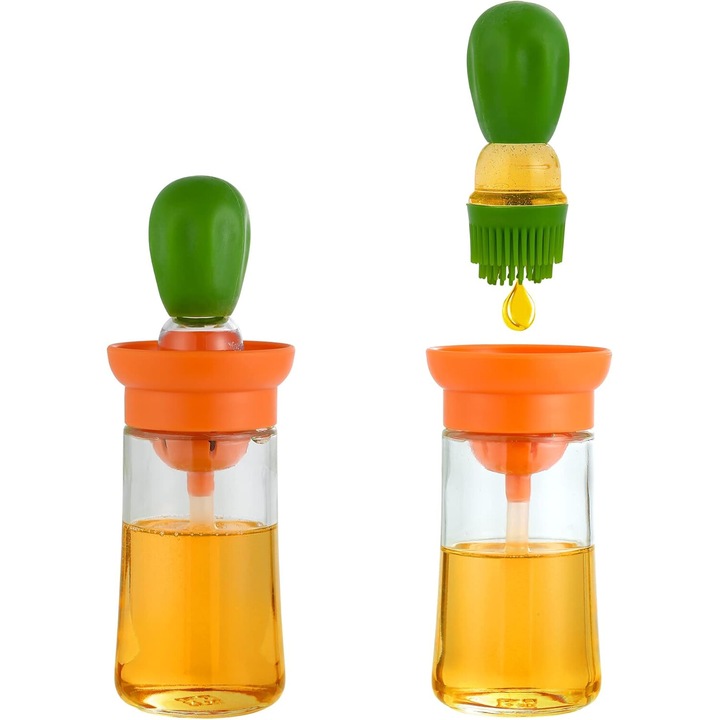 Dispenser de ulei din sticla cu pensula din silicon 2 in 1, pentru gatit, prajit, copt, verde