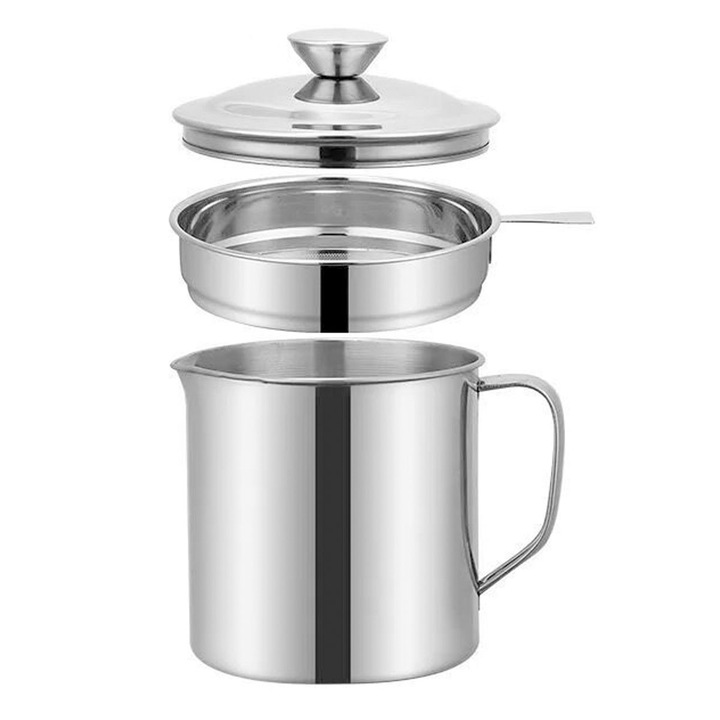 Recipient pentru ulei, inox, cu capac si tava, 1.3 l, 14.5 x 12.8 cm, argintiu