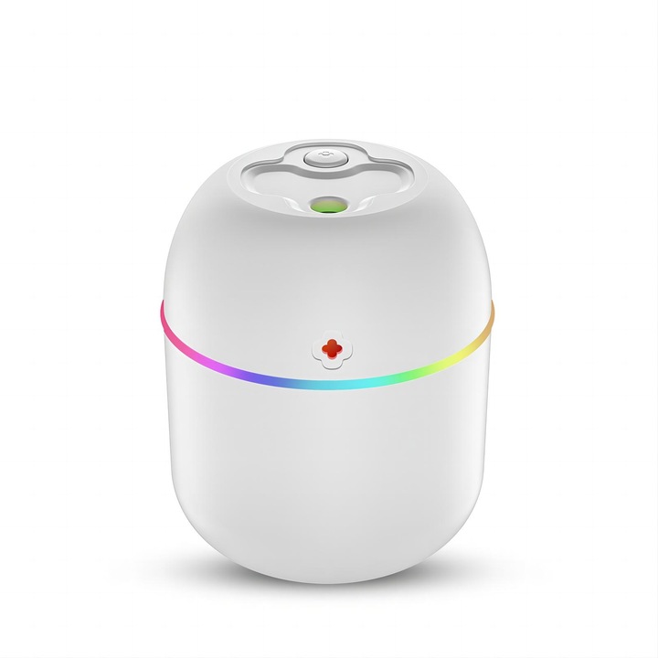 Umidificator JUDASTAR, 330ml, oprire automata, LED colorat, alb, 7.6x7.6x11.9cm