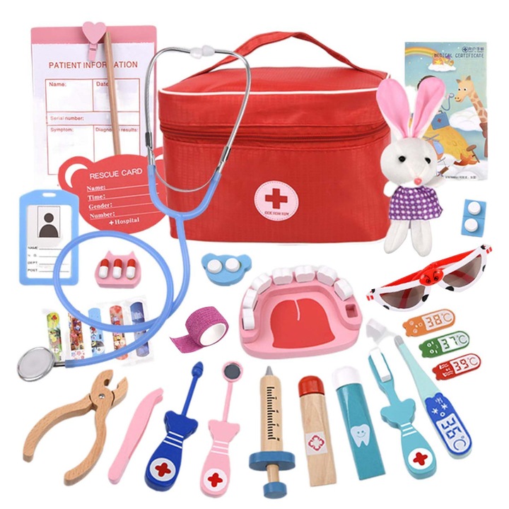 Set joaca doctor, Kit medical din lemn pentru copii, 25 piese, multicolor, cu geanta de depozitare